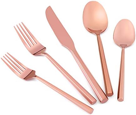 Kelenfer Flatware Silverware Set Stainless Steel 20 Piece Rose Gold Cutlery Set with Hexagon Pattern Wedding Gift Service for 4
