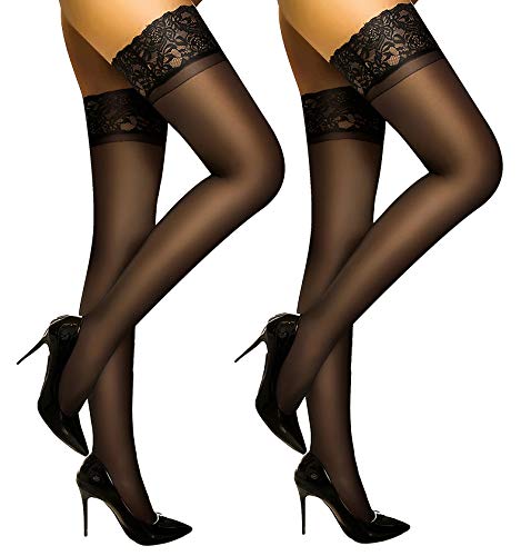 DancMolly Lace Thigh High Stockings 2 Pairs Womens Rich Colors Silky Sheer Anti-Slip Silicone Pantyhose (Black C-D)