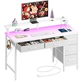 Rolanstar Schreibtisch mit 5 Schubladen, Computertisch mit Steckdosen, Gaming Tisch mit LED-Beleuchtung, Monitorständer, für Homeoffice, Schlafzimmer, Wohnzimmer, Büro (Weß, 120cm)