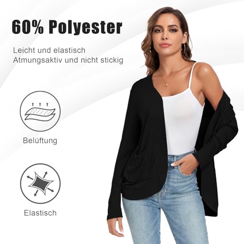 TownCat Strickjacke Damen Dünne Casual Langarm Elegant Cardigan Mit Taschen Leicht Gemütlich Offene Vorderseite Ärmel Draussen Atmungsaktiv Jacken Schwarz M