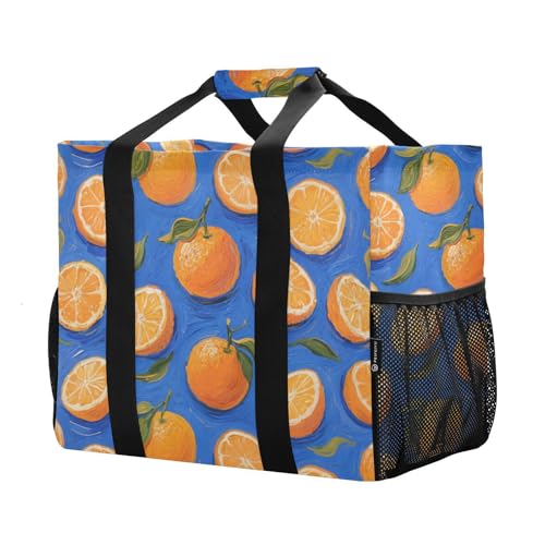 Orange Fruit Blue Art Painting Utility Bag For Trunk Foldable Sandproof Canvas Beach Bags2