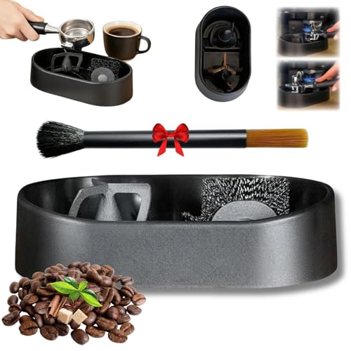 Coffee Portafilter Cleaning Kit, Electric Automatic Knock Box Cleaner with Anti-Spill Grounds Tray & Precision Deep-Clean Brush for 51/53/58mm Barista Espresso Machines