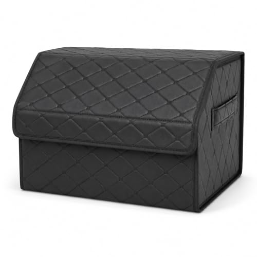QIANKUNBAG 2Pack Leather Trunk Organizer for SUV & Sedans - Extra Large Foldable Car Storage Box with Lid Adjustable Removable Dividers and Carry Handle Collapsible Auto Cargo Organizer Black