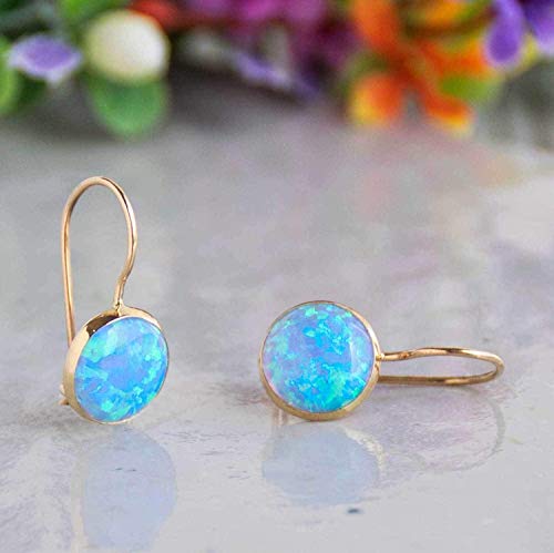 14K Yellow Soild Gold Blue Opal 8mm Dangle Earrings - Dainty Earrings