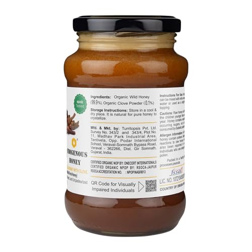 INDIGENOUS HONEY Raw Organic Honey with Infused Clove NMR Tested NPOP Organic Certified Pure Natural Unprocessed Sugar free Honey added Immunity Booster- 530 g Glass Jar