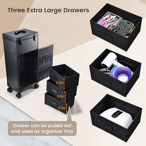 Rolling Makeup Case with LED mirror, Cosmetology Case on Wheels with Lighted Mirror, Professional Salon Trolley Cart with 3 Drawers,Travel Makeup Lockable Beauty Organizer with Live Stream Light by Faquenc - Image 4