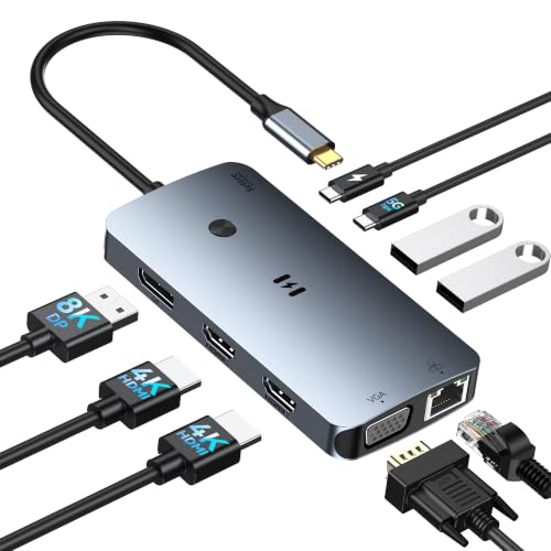 USB C Docking Station Dual Monitor Adapter Selore Laptop Docking Station 3 Monitors Quad Display with 2 HDMI DP VGA Ethernet 3 USB A&C 3.0 100W PD USB C Hub Dongle for DELL HP and More
