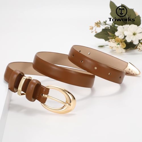 Image of TRIWORKS Women Leather Belt for Jeans Pants Fashion Ladies Skinny Faux Leather Dress belt with Gold Buckle