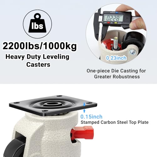 W B D WEIBIDA Leveling Castors with Adjustable Ratchet Handle, 1000kg Load Capacity, 360° Swivel Castors Wheels Set of 4, Retractable Heavy Duty Caster for Furniture Workbench, Machine,Equipment