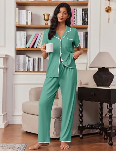 Image of Ekouaer Pajamas for Women Set Button Up Soft Pjs Short Sleeve 2 Piece Lounge Sets Comfy Sleepwear
