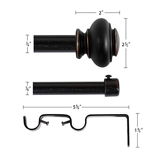 H.versailtex Elegant Window Treatment Telescoping Double Curtain Rod Set With Classic Cap, 3/4-Inch Diameter, Adjusts From 66 To 120 Inches, Black With Antique Bronze Finish #TOP5