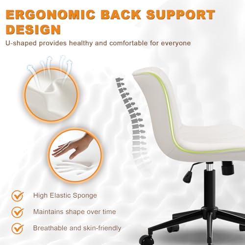 Image of Armless Office Chair, Height Adjustable Desk Chair with Wheels, Ergonomic Comfy 360 Swivel Home Office Computer Task Chair, Faux Leather Padded Cute Vanity Chair, White