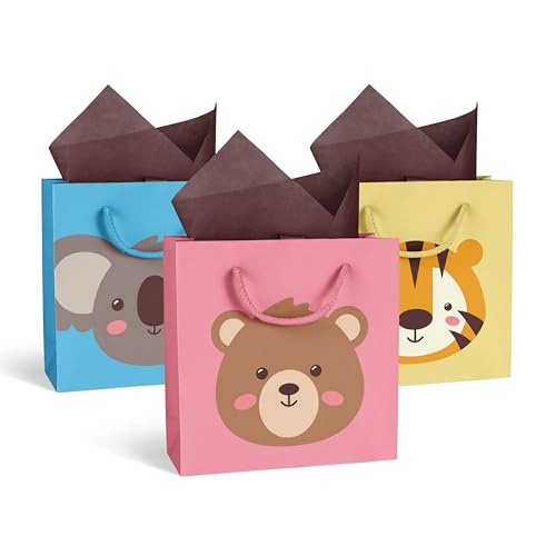 GIVEWRAP® The Gift Wrap that Gives to Charity. 3Pcs Gift Bags Baby Animals Large Size with Handle and Gift Tag. For Any Birthday, Weddings, Mothers Day & Special Occasion 33cm*26.5cm*14cm Eco-friendly
