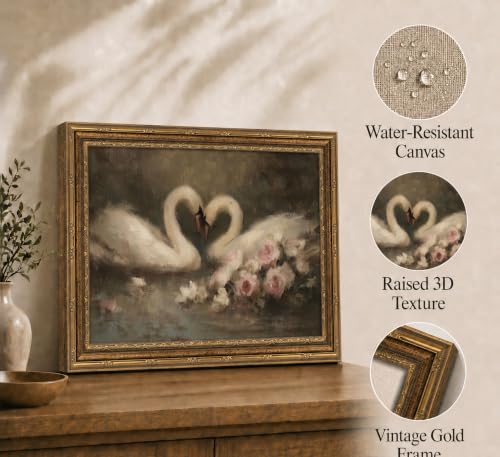 Image of Gold Framed 3D Textured Wall Art, Vintage Rose Swan Canvas Prints, Romantic Floral Heart Pictures Decor, French Country Couple Oil-Style Artwork for Living Room Bedroom Bathroom 11x9 in
