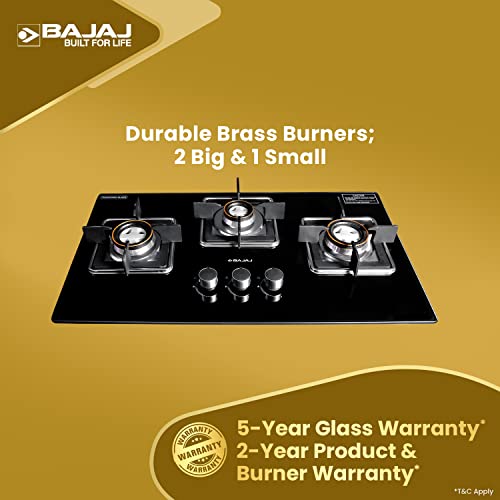 Bajaj Dual Hob Top & Gas Stove 3 Burners8mm Toughened Glasstop Smart