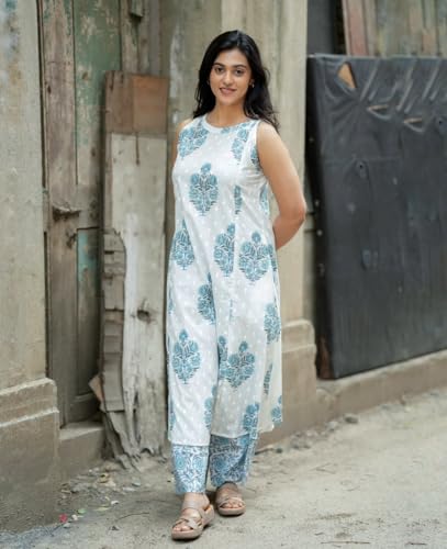 Image of ANNI Designer Women's Rayon Viscose Printed A-Line Kurta Co-Ord Set with Palazzo | Sleeveless Round Neck Ethnic Outfit | Comfortable Traditional Dress for Ladies