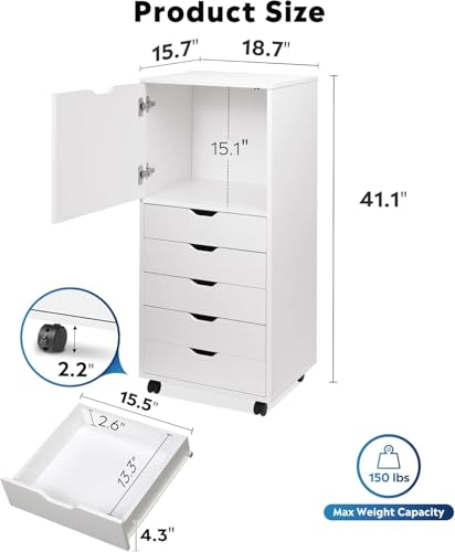 Image of DEVAISE Wood File Drawers, Mobile Office Cabinet with 5 Drawer and 1 Door, Rolling Filing Drawer for Home Office, White