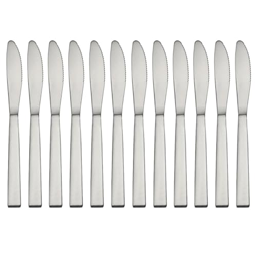12 Dinner Knives Stainless Steel Dessert Knife Silver Silverware Home Tableware Dinner Knives Round Edge Serrated Tip Stainless Steel Food Grade 18/10 Table Knives Durable Medium Size Cutlery Soup