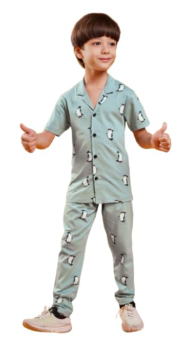 Image of 3BROS Unisex Pure Cotton Short Sleeve Kids Night Dress for Boys & Girls Nightwear /Sleepsuit /Sleepwear /Loungewear Night Suit for Boys and Girls Top and Pyjama Combo Set