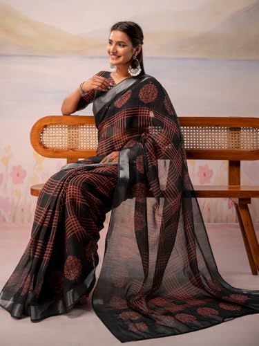 Image of Satrani Women's Linen Printed Ready To Wear Saree with Unstitched Blouse Piece