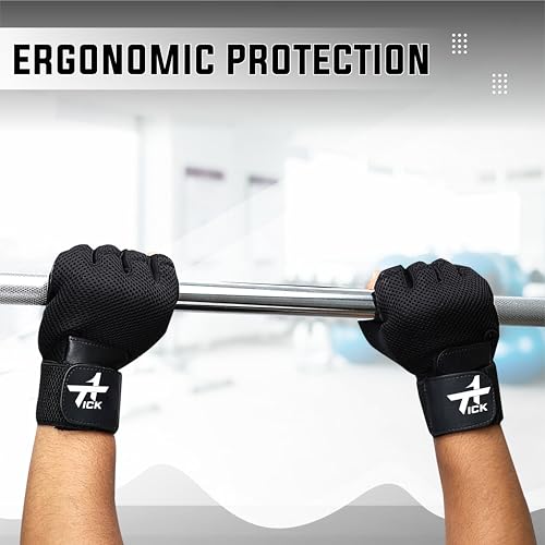 Image of Gym Gloves for Men & Women with Wrist Support and Half Finger Length for Workout, Weightlifting, Sports, Fitness, Grip and Exercise Free Size Leather & Micro Nylon, Black.