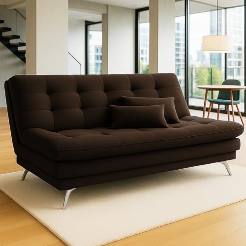 Image of FURNY Eagel 3 Seater Fabric Sofa Cum Bed with 2 Cushions (Brown) with Velvet Fabric | Durable with Comfort | Perfect for Living Room, Bedrooms, Offices
