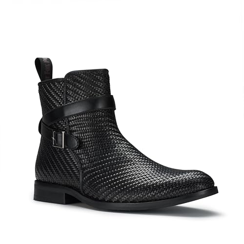 Polar Fox Derrick Men's Jodhpur Style Ankle Boot | Stylish Dress Boot with Buckle Strap and Side Zipper | MPX806077A | in Woven Black, Size 8.5