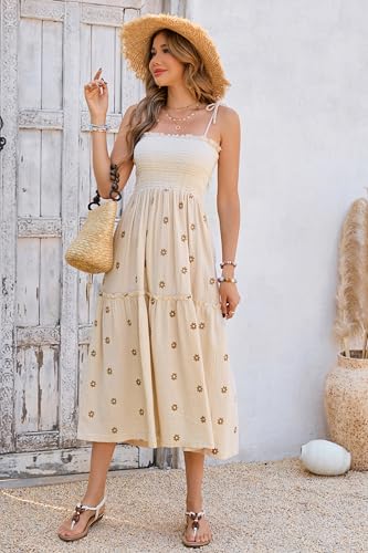 Image of R.Vivimos Womens Summer Cotton Boho Midi Dress 2026 Spaghetti Strap Floral Embroidered Smocked Tiered Flowy Long Dresses