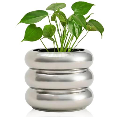 Cusmation Moderner Blumentopf, silberfarbene Keramikglasur, Sukkulenten-Übertöpfe für den Innenbereich, einzigartige Töpfe, Pflanzgefäß mit Drainagelöchern, kleine Blasen, Porzellan für Kräuter,