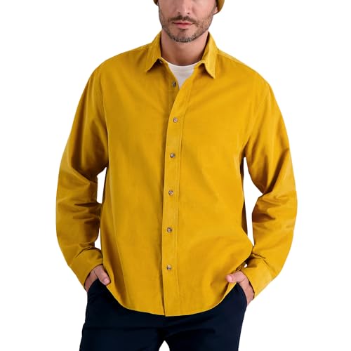 Haggar Mens Long Sleeve Casual Corduroy Button Down Shirt Mustard