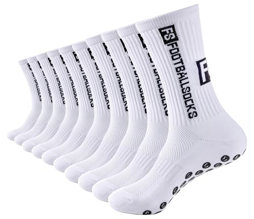 Werfunee 5 Paare Football Socks Fußball Socken Fußballsocken für Herren Damen Kinder Anti Rutsch Grip Socken Fussball (DE/NL/SE/PL Numerisch 35 38 Regular Regular Weiß)