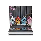 4Pcs Drink Coasters with Holder Absorbent Coffee Cup Mat Decorative Bar Coaster with Cork Back Coasters for Drinks Colorful Spring Birdhouses Ceramic Table Coaster Set for Home Decor Gift
