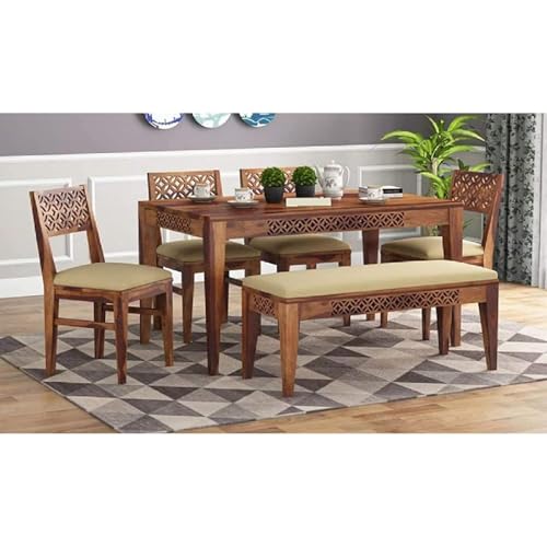 Image of Solid Wood Dining Table 6 Seater | Six Seater Dinning Table with 4 Chairs & 1 Bench for Home | Chairs & Bench with Cushion | 6 Seater Dining Room Sets for Hotel & Restaurants | Sheesham, Honey