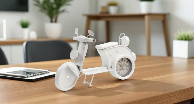 Reloj de sobremesa blanco con forma de scooter retro vintage para decoración de escritorio 8