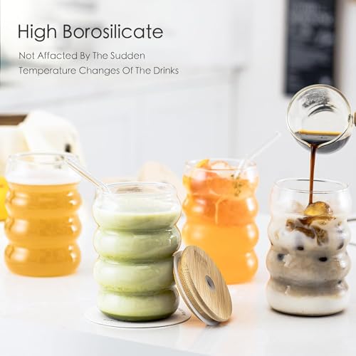 Image of ANKUL Aesthetic Round Wavy Glass Cups with Bamboo Lids & Straws - 2 Pach 510 ml for Cold Drinks, Iced Coffee, Boba (2, Zig Zag with lid)