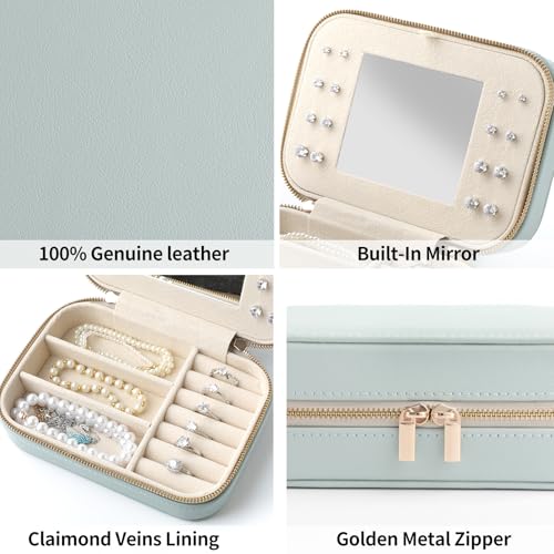 Image of NGVRC Genuine Leather Travel Jewelry Organizer Case with Mirror for Women, Small Mini Portable Jewelry Box for Ring Earrings Necklace Bracelet Luxury Gift for Women(Cyan)