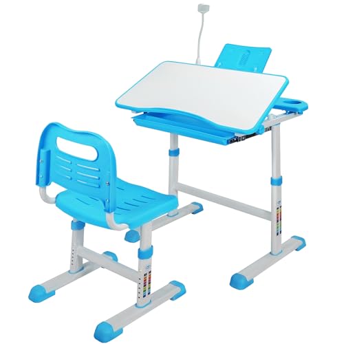 Domaker Adjustable Student Desk and Chair Set, 3-15 Kids School Desk with Drawing Tilt Desktop/LED Light/Cup Holder/Bookstand/Storage Drawer, Study Desk for Boys & Girls,Blue