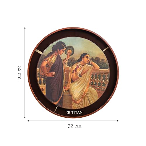 Image of Titan Raja Ravi Verma Series Damayanti Wall Clock with Embossed Dial & Silent Sweep, Model W0095PA01 | 31.7 cm x 31.7 cm x 4.7 cm