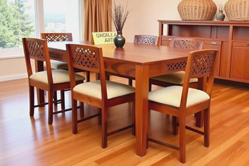 Image of Sheesham Wood Oval Dining Table with Cushion Chairs Set for Home Hall | Solid Wood Dinner Table with Chairs for Hotels | Dining Room Sets (Honey Teak Finish, 6 Seater)