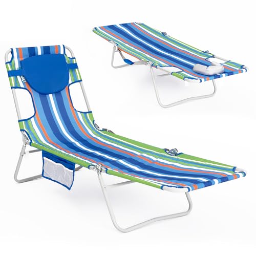 WEJOY Folding Tanning Chair with Face Hole, 5 Positions Face Down Beach Lounge Chairs with Pillow for Outside Sunbathing Poolside (Blue/Green)