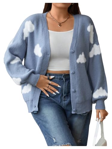 SOLY HUX Women's Plus Size Cardigan Sweater Cloud Graphic Button Down V Neck Long Sleeve Knit Loose Cardigans - Main Image