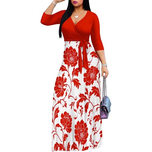 Image of PinkPatty Plus Size Maxi Dress for Women Casual V Neck 3 /4 Sleeve Boho Printed Long Dress with Pockets