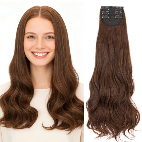 TESS Extensiones de Clip Ondulado, Clip en Extensiones de Cabello Extensión Pelo Clips en 3 Piezas Rizado Lace Sintética Postizos Pelo Natural para Mujer 60cm 33B# Marrón claro