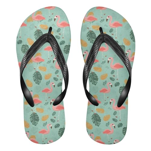 ALAZA Flamingo Tropical Leaves Flip Flops for Women Fashion Beach Slippers Comfort Mens Flip Flops Non-Slip Rubber Shower Slippers Sandal for Hotel Travel Sport,XS