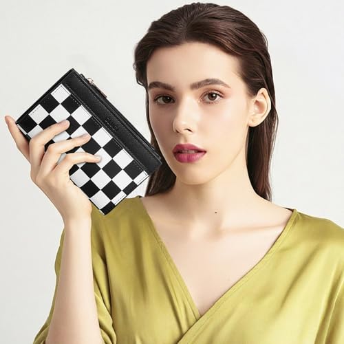Image of CLUCI Small Wallet for Women PU Leather RFID Blocking Designer Bifold Ladies Card Holder Checkerboard