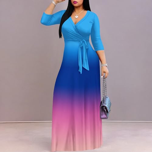 Image of PinkPatty Women's Plus Size Maxi Dress Casual 3 /4 Sleeve Dress with Belt | Soft stretch feel, printed style, flowy A-line fit, v neck, waist tie, side pockets, for vacation, party and daily wear