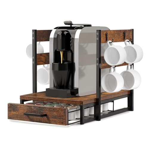 Evermagin K Cup Holder, 35 Pod Capacity, Coffee Pod Holder Compatible with Keurig, Coffee Station Organizer for Countertop with Cup Rack, Rustic Brown