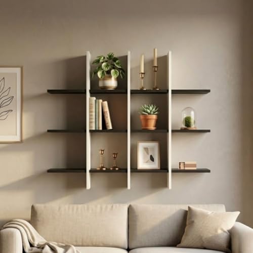 Image of Modern Wooden Wall Shelf for Living Room & Bedroom - Decorative Wall Mounted for Books, Showpieces & Home Decor - Multi-Compartment Floating Wall Organizer Black & White