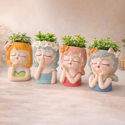 Image of Cute Beautiful Combo Pack of 4 Girls Succulent Planter Pots Resin Creative Flowerpot Plant Pots Planter Container for Home Garden Office Desktop Decoration - Multi (Pack of 4)