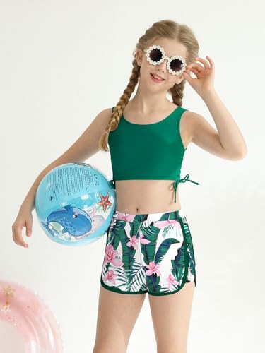 Image of Girl's 3 Piece Bikini Bathing Suit Printed Sport Swimsuits with Shorts Cove Up Sets Teen Girl's Swimwear